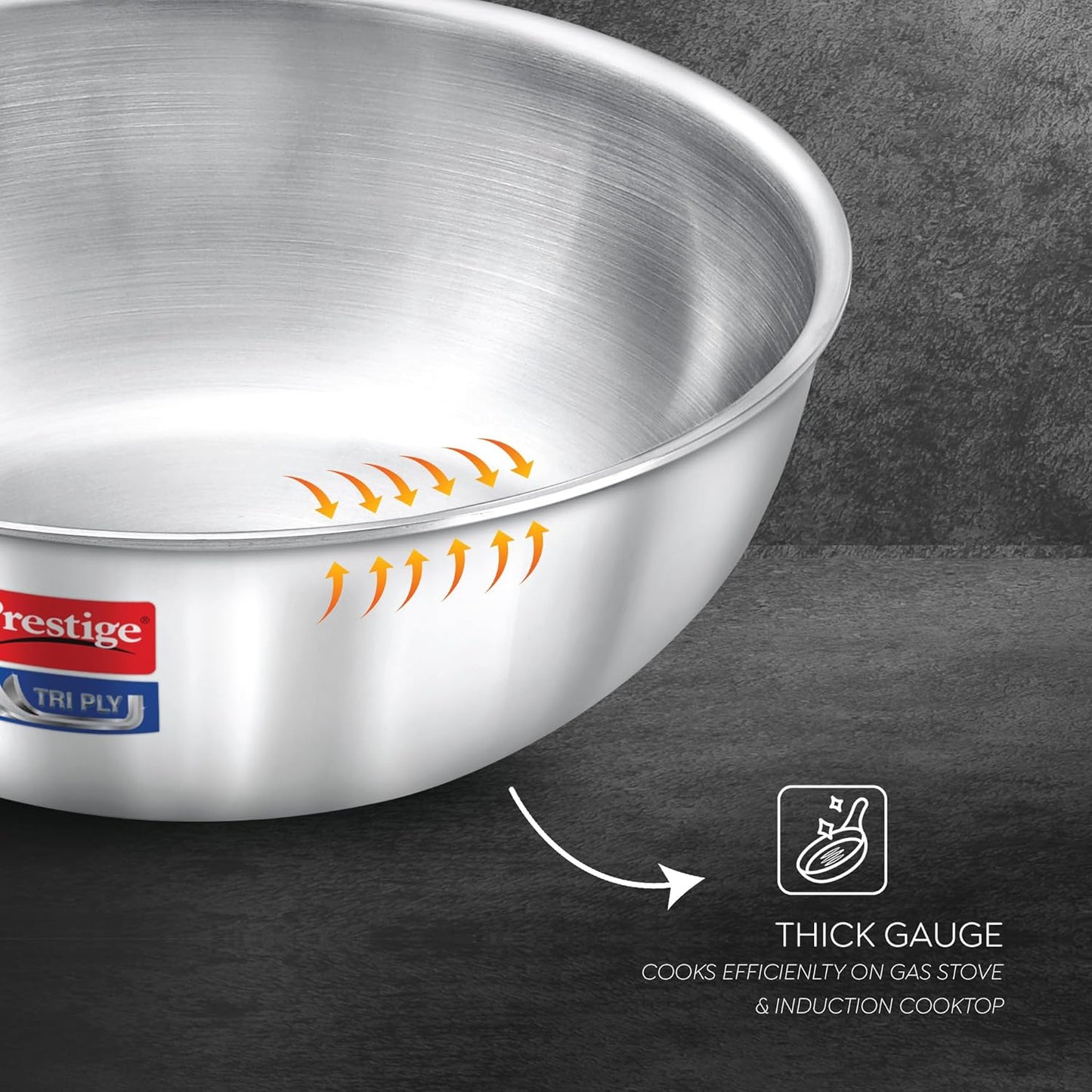 Prestige 6-Piece Tri-Ply Stainless Steel Tasla Kadai Set with Free Pakkad|Gas & Induction Compatible|Even Heat Distribution| Durable Rust-Proof Interior| Space Saving Design