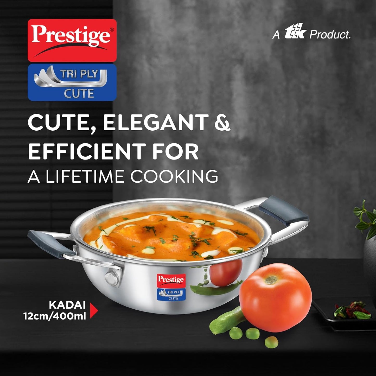 Prestige 12cm/400ml Tri-Ply Stainless Steel Cute Kadai|Gas & Induction Compatible| Even Heat Distribution|Perma-Cool Handles|Thick Gauge