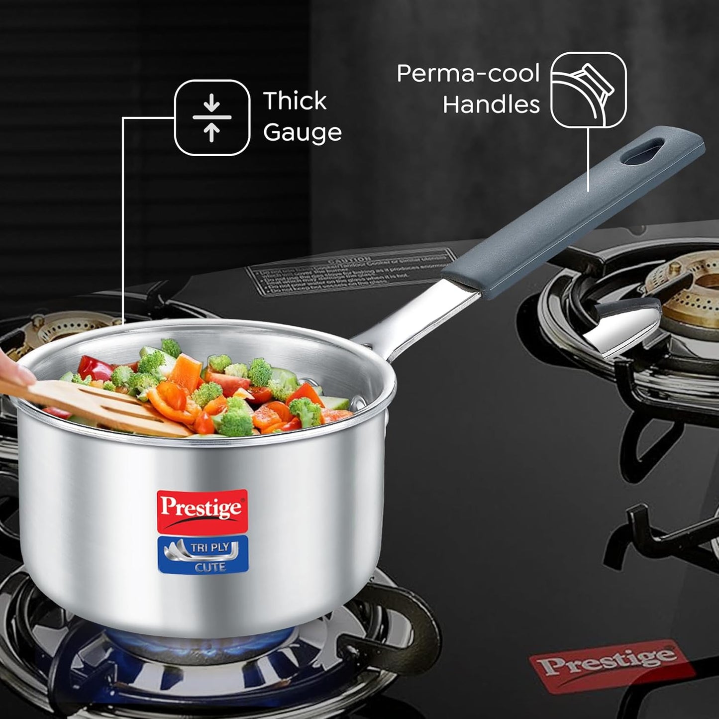 Prestige 10cm/400ml Tri-Ply Stainless Steel Cute Sauce Pan|Gas & Induction Compatible| Even Heat Distribution|Perma-Cool Handles|Thick Gauge