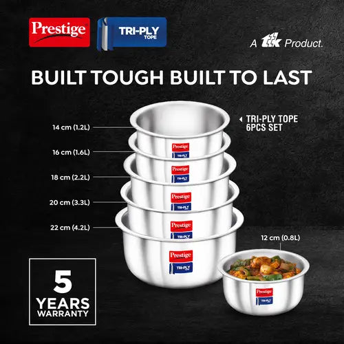 Prestige 6-Piece Tri-Ply Stainless Steel Tope Set| Gas & Induction Compatible| Even Heat Distribution| Strong and Durable| 5 Years Warranty