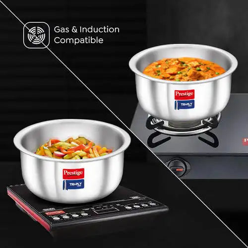 Prestige 6-Piece Tri-Ply Stainless Steel Tope Set| Gas & Induction Compatible| Even Heat Distribution| Strong and Durable| 5 Years Warranty
