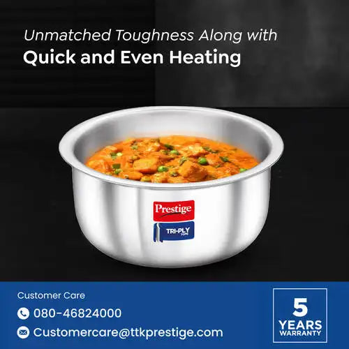Prestige 6-Piece Tri-Ply Stainless Steel Tope Set| Gas & Induction Compatible| Even Heat Distribution| Strong and Durable| 5 Years Warranty