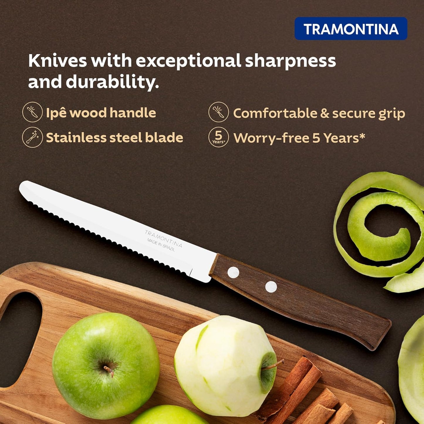 Tramontina Fruit Knife with Brazilian Wood Handle | Ultra Sharp Stainless Steel Kitchen Knife for Effortless Fruit Cutting
