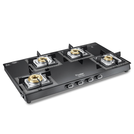 Prestige Vectra r Glasstop Gas Stove|Superior Toughened Glass|Jumbo Brass Burner|3-Way Gas Inlet|360 Degree Revolving Nozzle|10 Years Warranty on Glass|Black