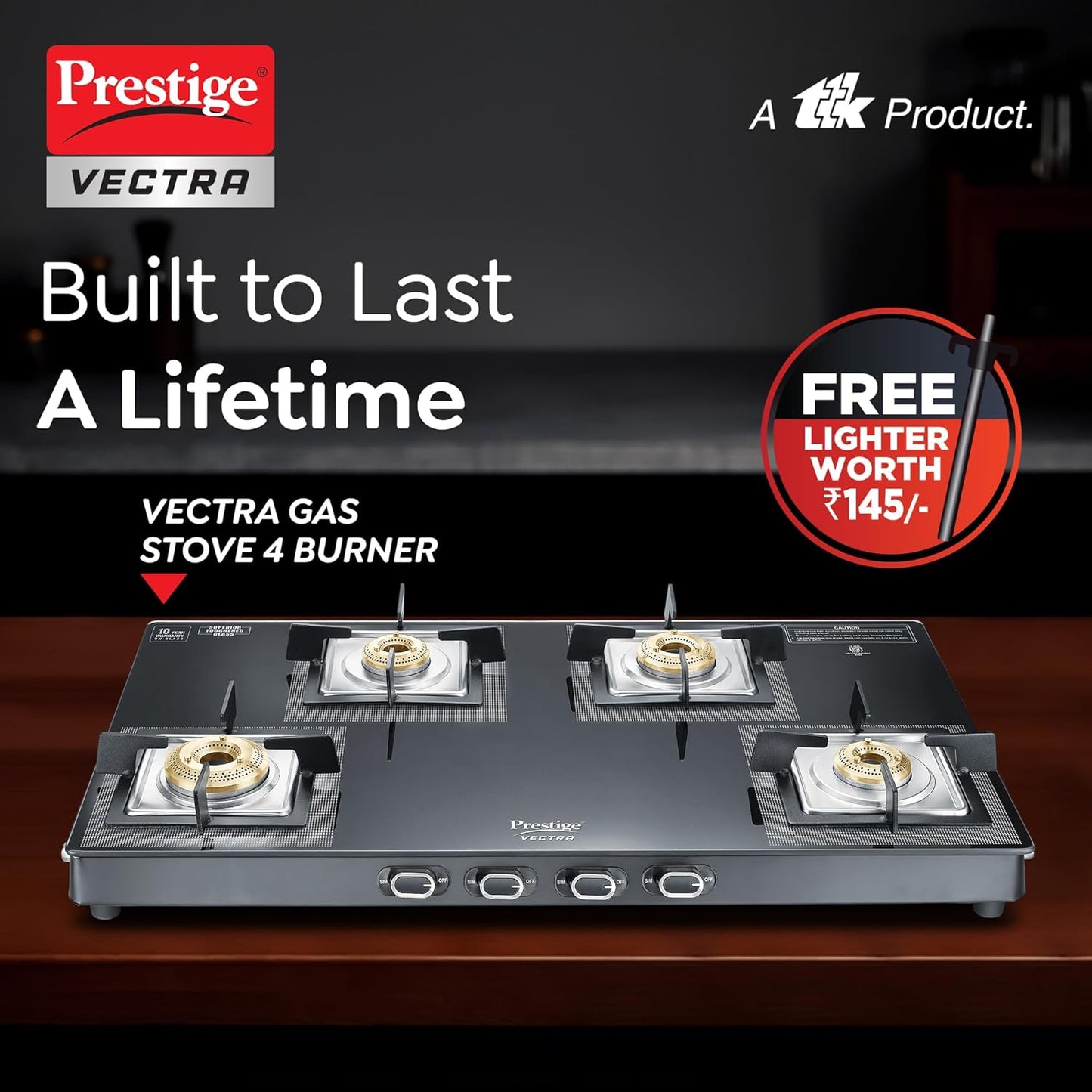 Prestige Vectra r Glasstop Gas Stove|Superior Toughened Glass|Jumbo Brass Burner|3-Way Gas Inlet|360 Degree Revolving Nozzle|10 Years Warranty on Glass|Black
