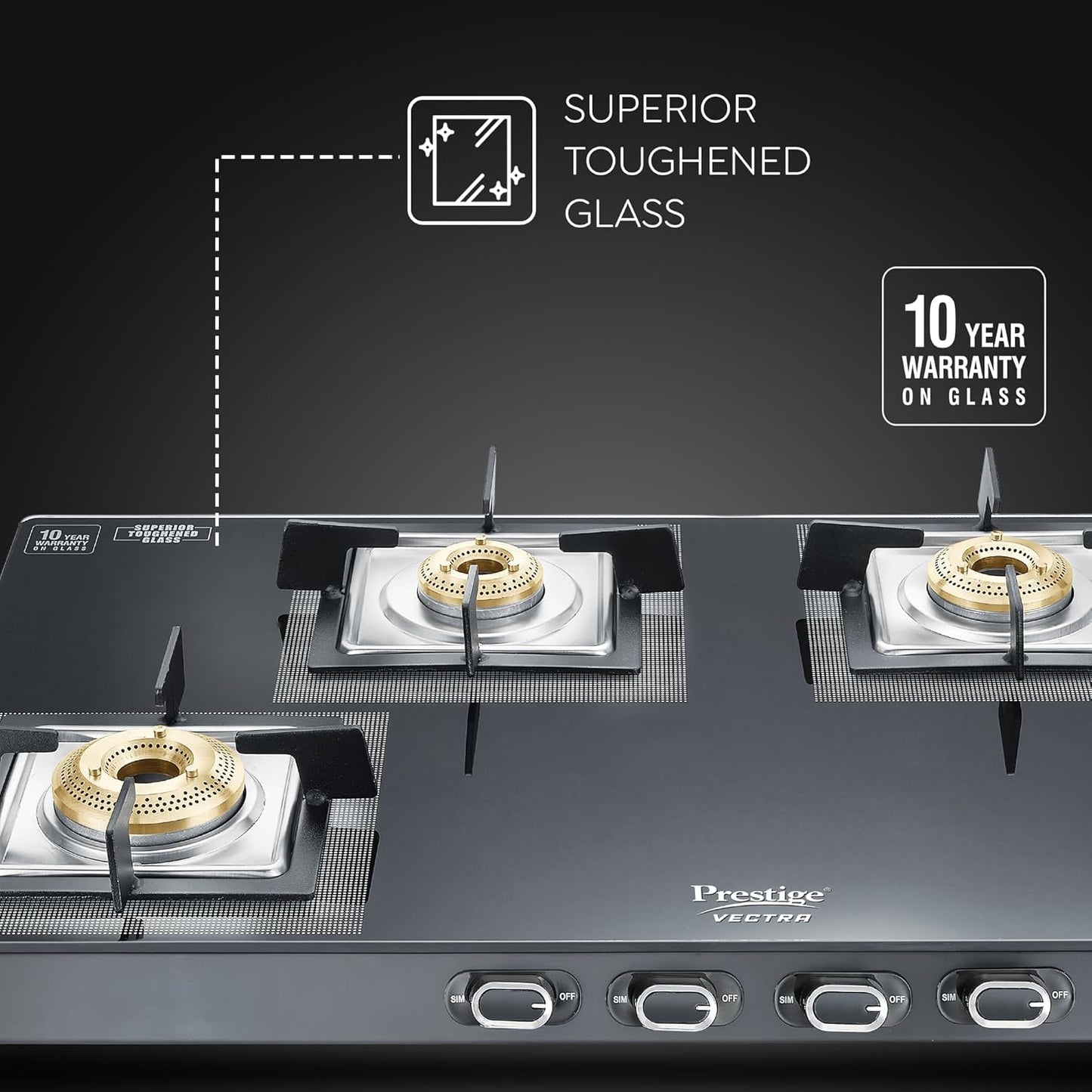 Prestige Vectra r Glasstop Gas Stove|Superior Toughened Glass|Jumbo Brass Burner|3-Way Gas Inlet|360 Degree Revolving Nozzle|10 Years Warranty on Glass|Black