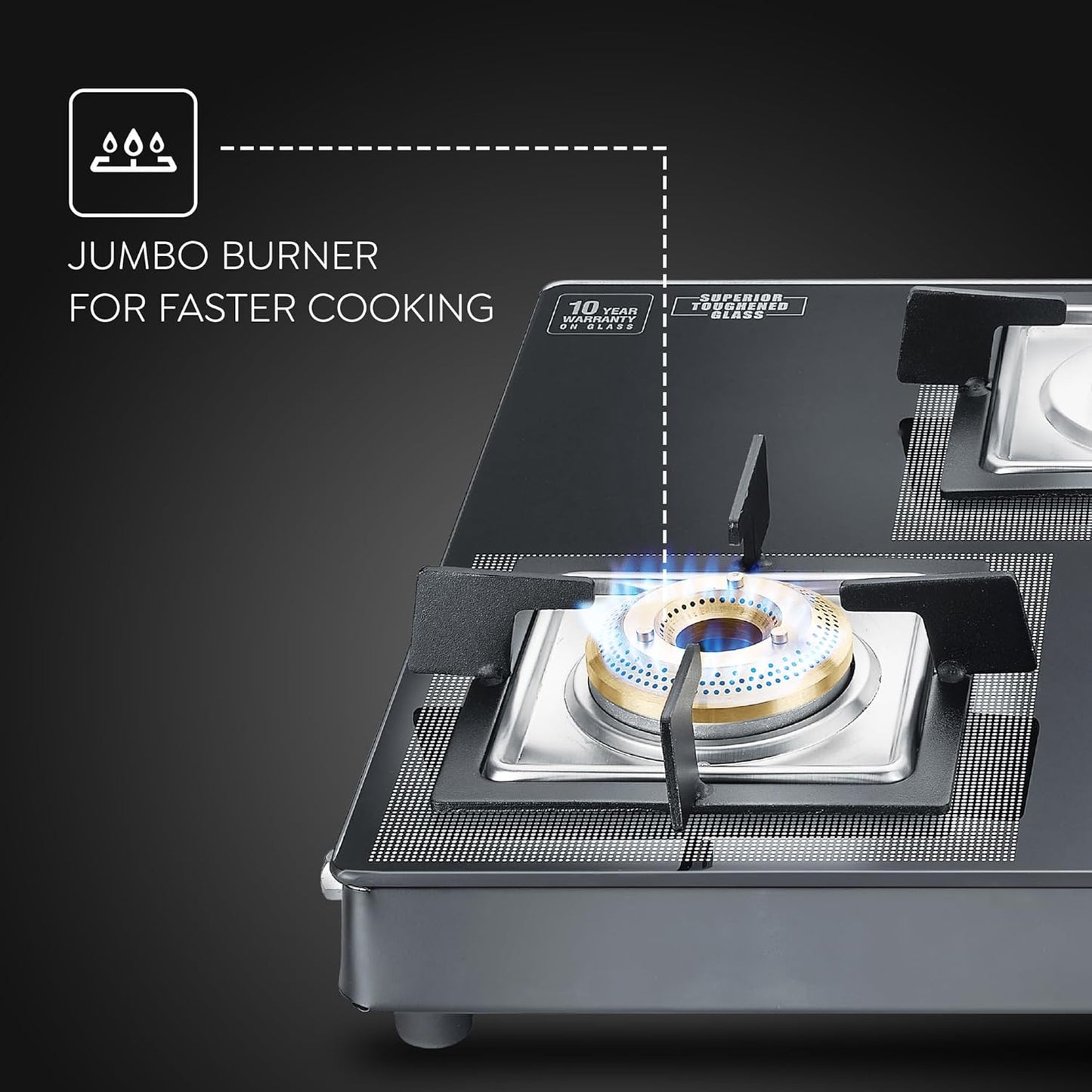 Prestige Vectra r Glasstop Gas Stove|Superior Toughened Glass|Jumbo Brass Burner|3-Way Gas Inlet|360 Degree Revolving Nozzle|10 Years Warranty on Glass|Black