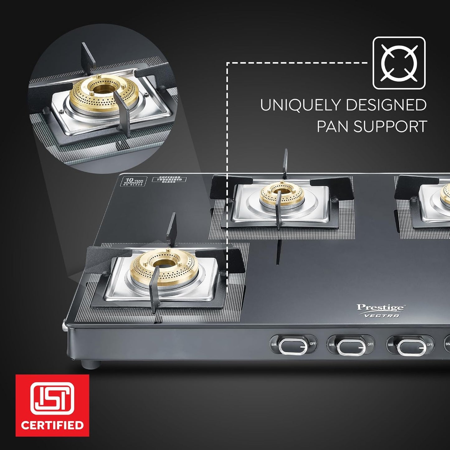 Prestige Vectra r Glasstop Gas Stove|Superior Toughened Glass|Jumbo Brass Burner|3-Way Gas Inlet|360 Degree Revolving Nozzle|10 Years Warranty on Glass|Black