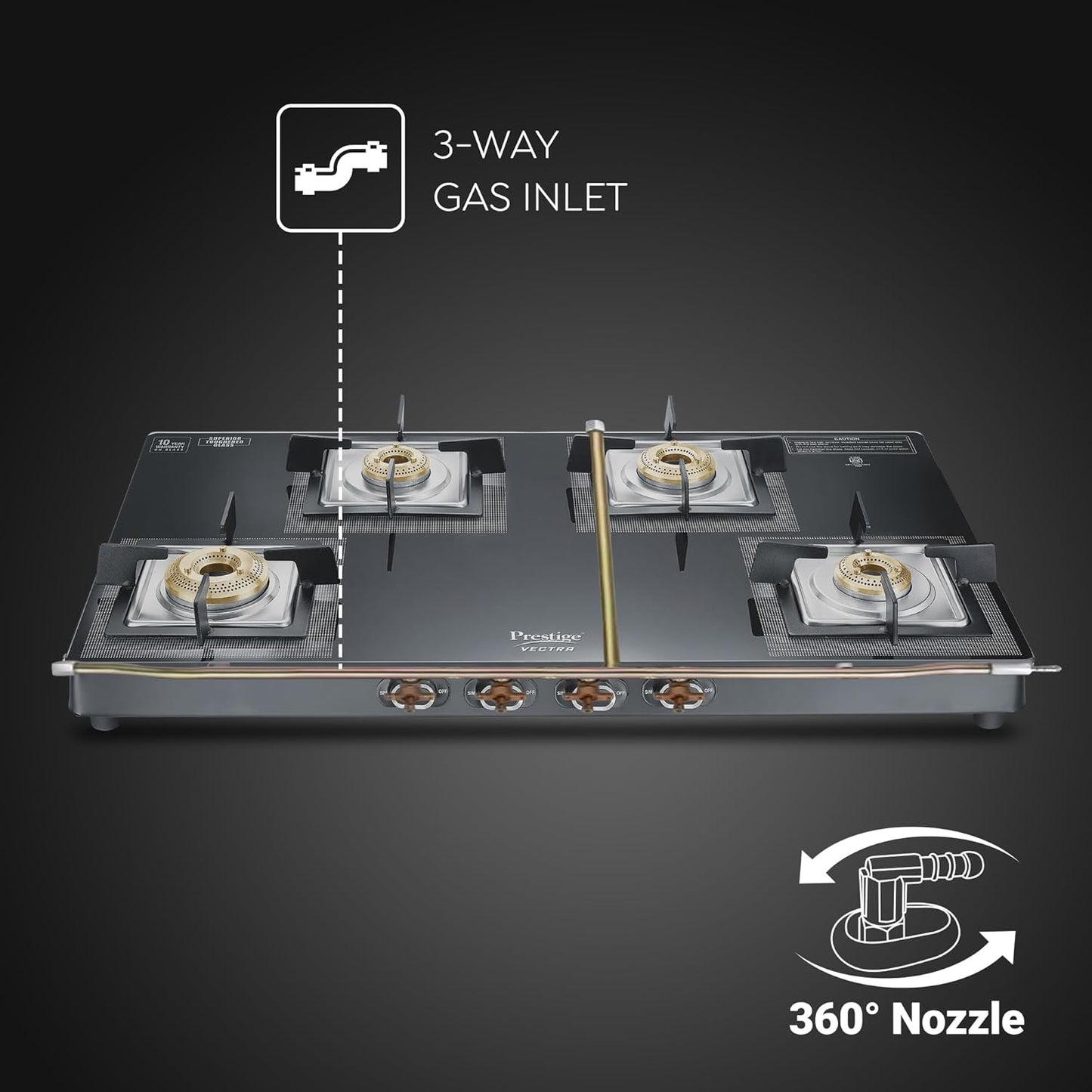 Prestige Vectra r Glasstop Gas Stove|Superior Toughened Glass|Jumbo Brass Burner|3-Way Gas Inlet|360 Degree Revolving Nozzle|10 Years Warranty on Glass|Black