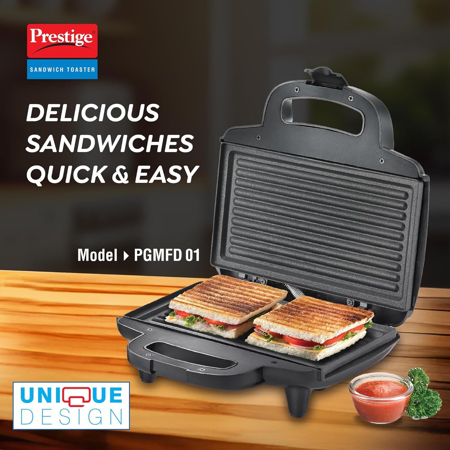 Prestige 800W Sandwich Maker (PGMFD 01)| Black | Heat Resistant Bakelite Body |Non-Stick Coating | Power Indicators | Oil Free Toasting