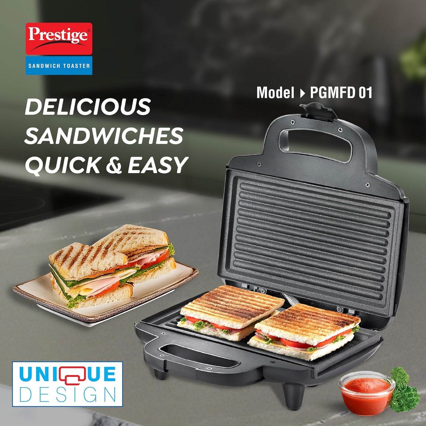 Prestige 800W Sandwich Maker (PGMFD 01)| Black | Heat Resistant Bakelite Body |Non-Stick Coating | Power Indicators | Oil Free Toasting