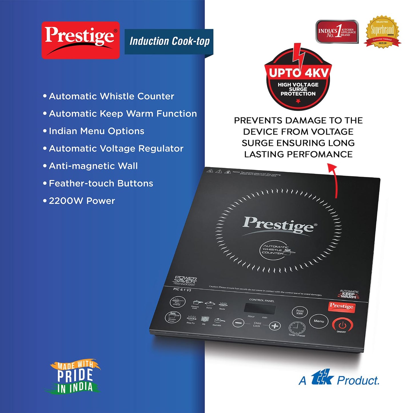 Prestige PIC 6.1 V3 PIC 2200 Watts Induction Cooktop |High Voltage Surge Protection| Automatic Whistle Counter | Feather Touch Buttons | Keep Warm Function |Dual Heat Sensor| Black