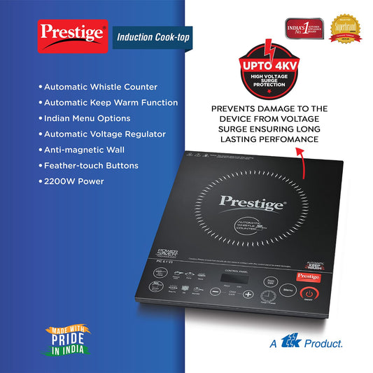 Prestige PIC 6.1 V3 PIC 2200 Watts Induction Cooktop |High Voltage Surge Protection| Automatic Whistle Counter | Feather Touch Buttons | Keep Warm Function |Dual Heat Sensor| Black