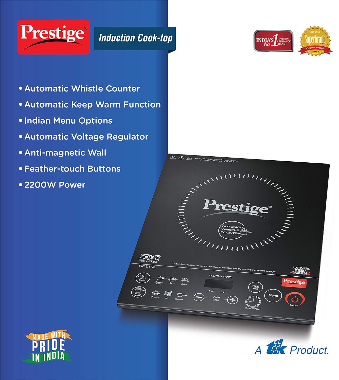 Prestige PIC 6.1 V3 PIC 2200 Watts Induction Cooktop |High Voltage Surge Protection| Automatic Whistle Counter | Feather Touch Buttons | Keep Warm Function |Dual Heat Sensor| Black
