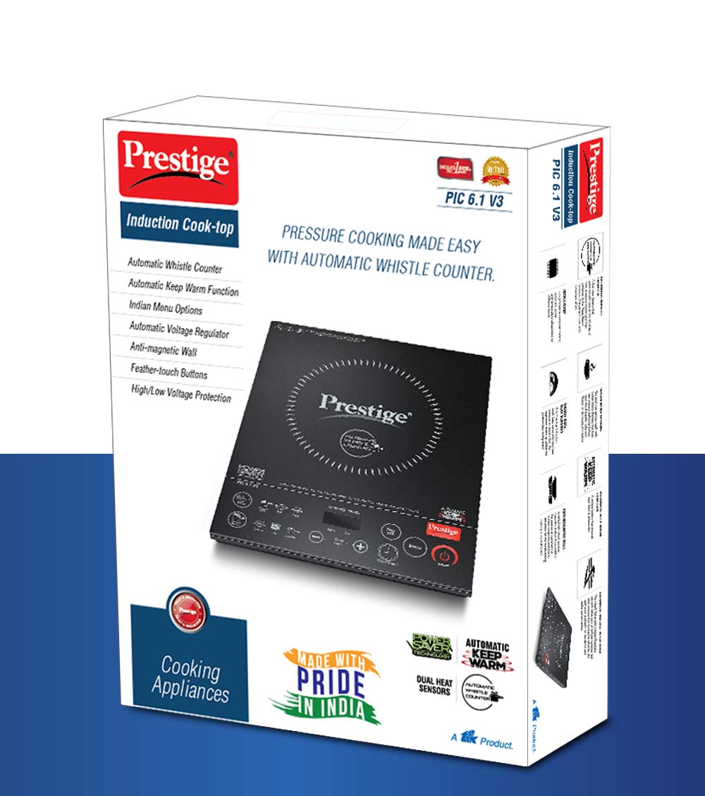 Prestige PIC 6.1 V3 PIC 2200 Watts Induction Cooktop |High Voltage Surge Protection| Automatic Whistle Counter | Feather Touch Buttons | Keep Warm Function |Dual Heat Sensor| Black