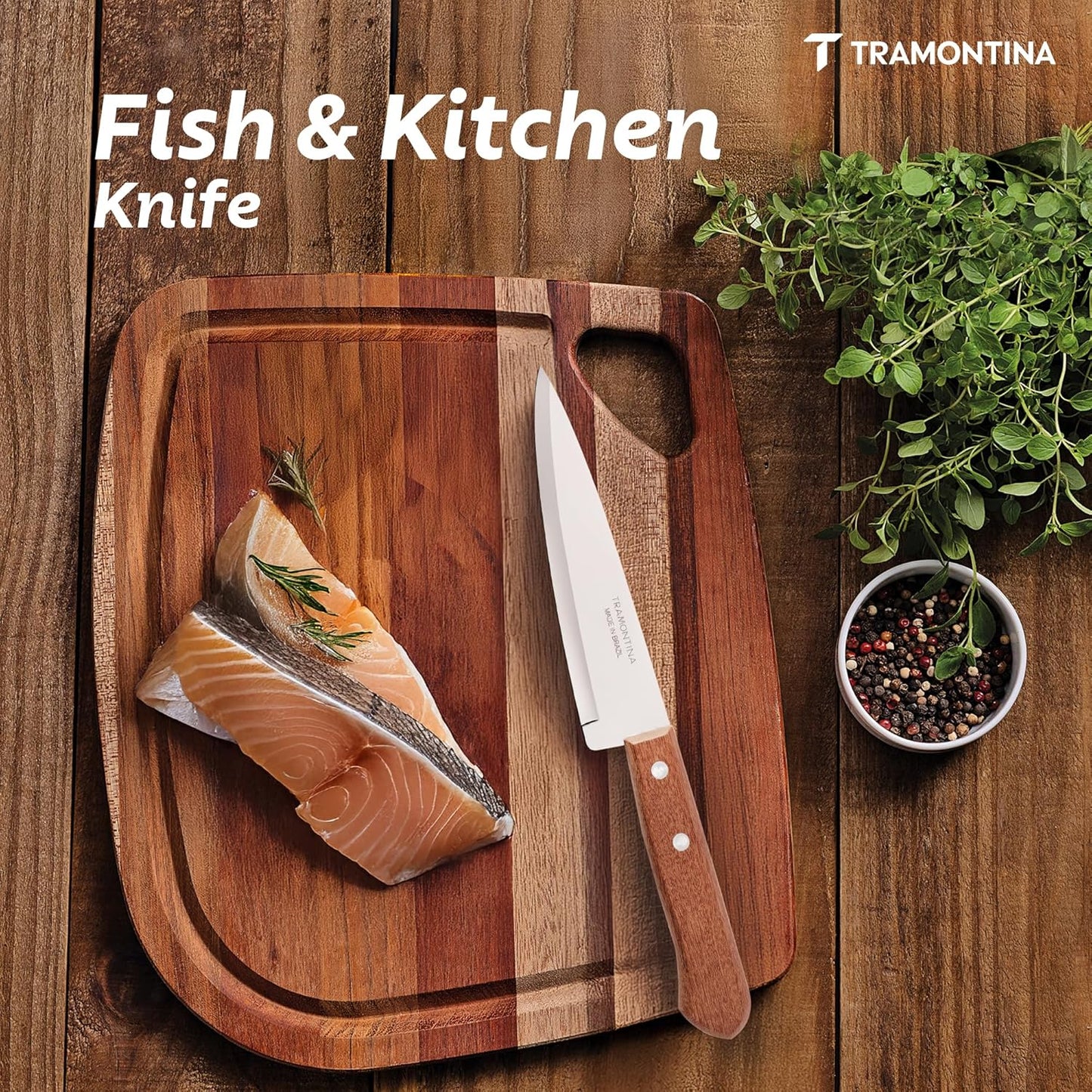 TRAMONTINA Dynamic 15cm Fish Knife | Stainless Steel Fillet & Utility Knife | Wooden Handle Kitchen Cutting Knife
