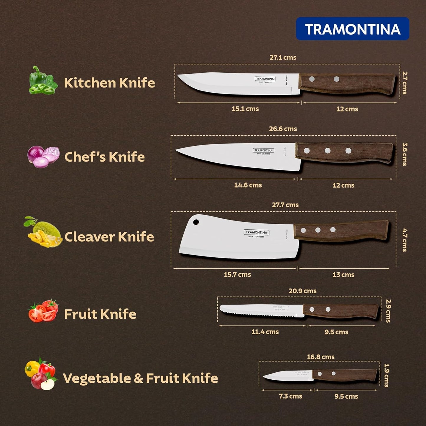 Tramontina 15cm Utility Kitchen Knife | Sharp Stainless Steel Blade with Premium Brazilian Wood Handle