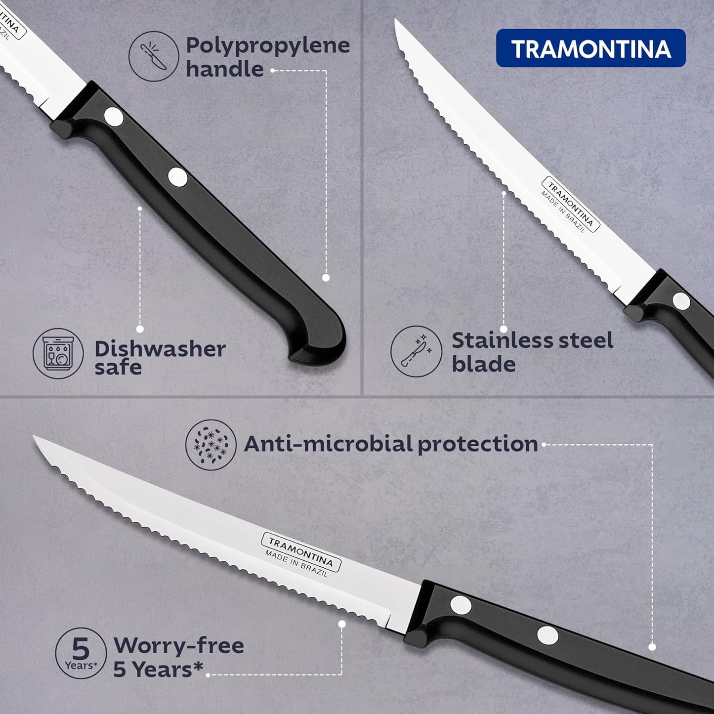 Tramontina 5-Inch Steak & Fruit Knife | Sharp Serrated Stainless Steel Blade with Comfortable Black Handle