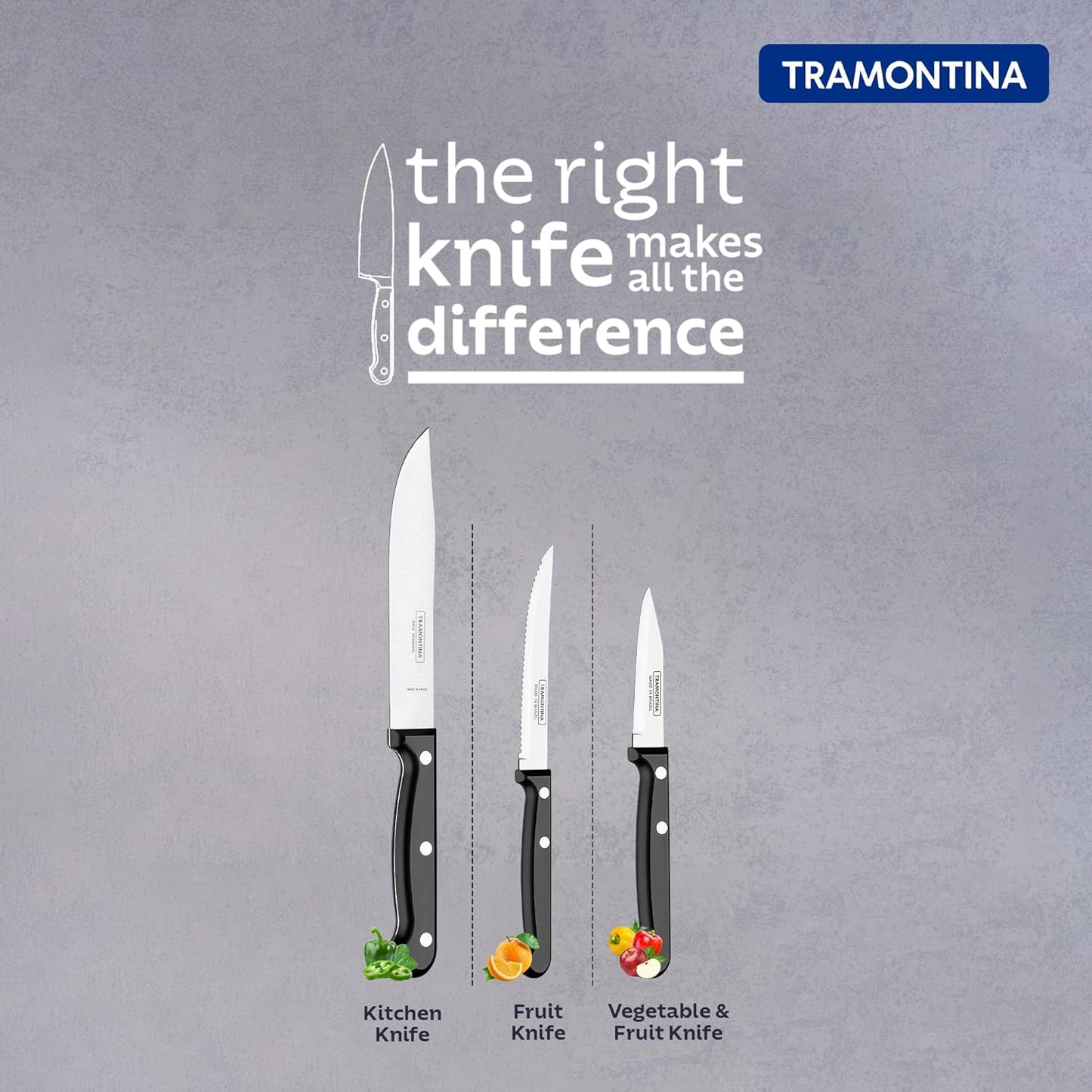 Tramontina Ultracorte Knife Set of 3 | Sharp Antimicrobial Stainless Steel Kitchen Knives for Everyday Food Preparation