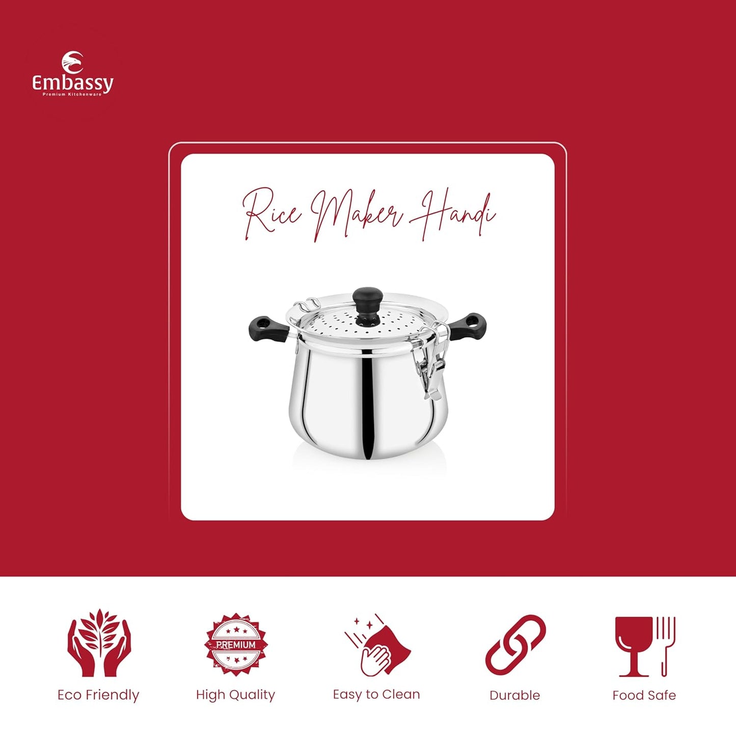 Embassy Rice Cooking Handi | Stainless Steel Pot with Straining Lid | Induction Friendly