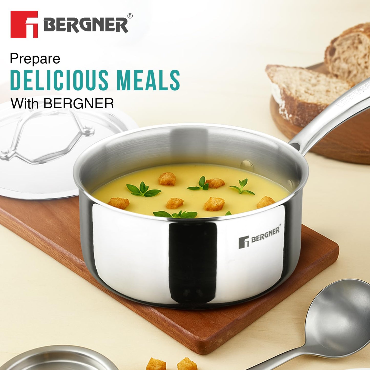Bergner Tri-Oak Triply Saucepan with Wooden Handle