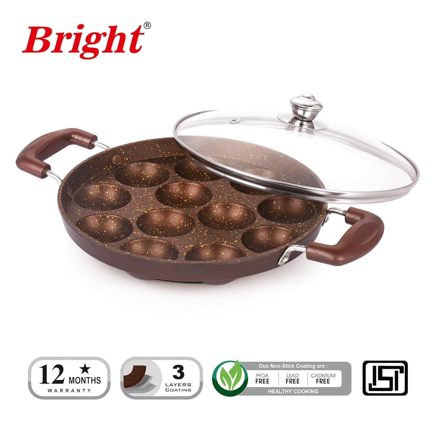 Bright Appam Patra with Stainless Steel Lid Non-Stick Heavy Duty Aluminium 25 cm, 12 Cavity | Single Handle with Glass Lid | Appam Maker | Appam Patra |Pure & Toxin-Free, No Chemical Coating