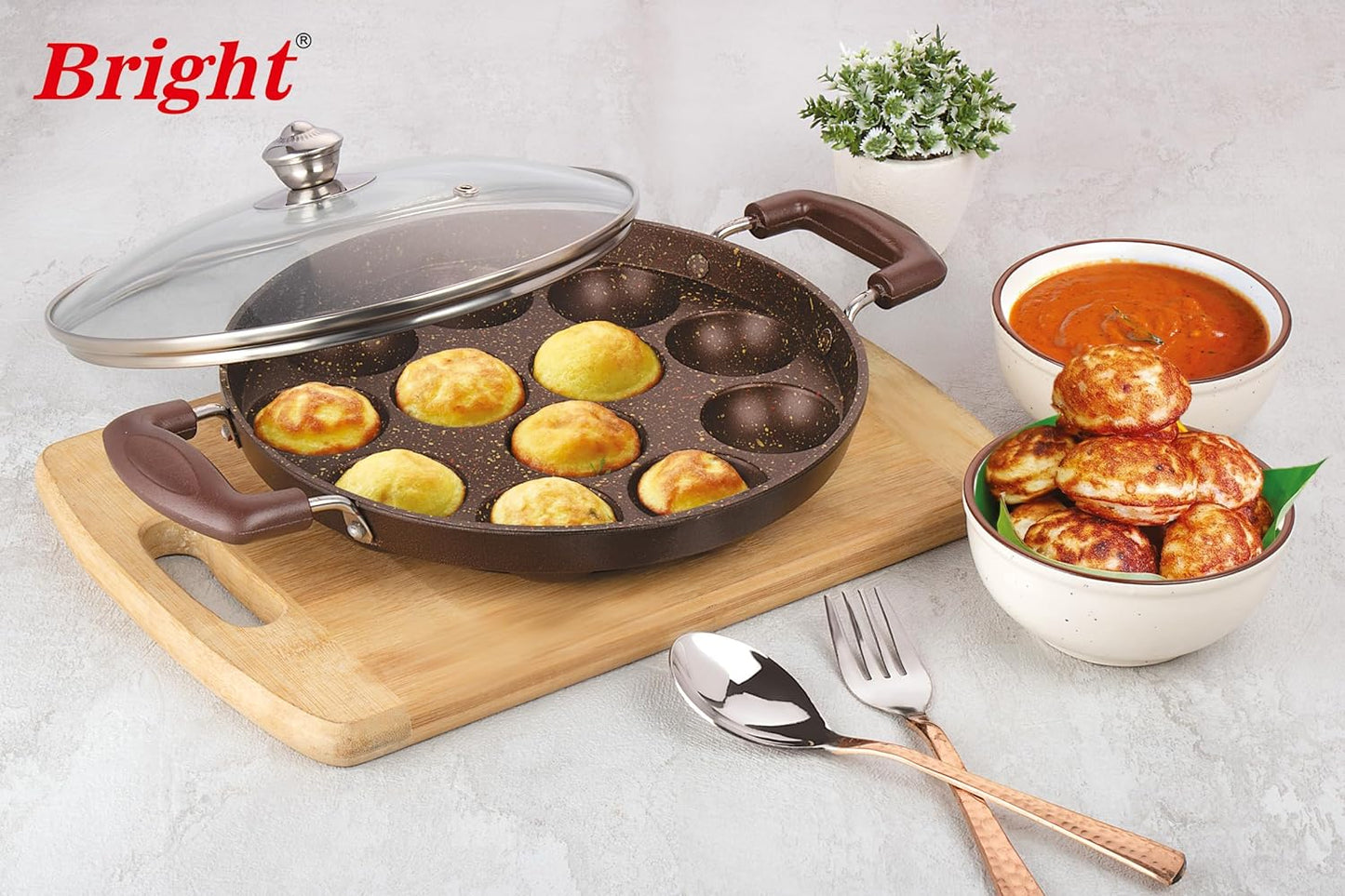 Bright Appam Patra with Stainless Steel Lid Non-Stick Heavy Duty Aluminium 25 cm, 12 Cavity | Single Handle with Glass Lid | Appam Maker | Appam Patra |Pure & Toxin-Free, No Chemical Coating