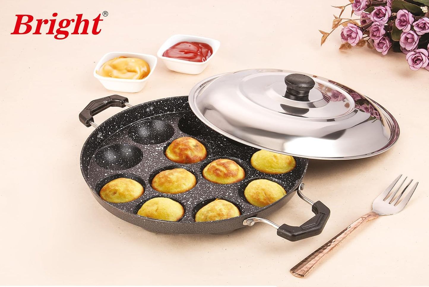 BRIGHT Appam Patra with Stainless Steel Lid Non-Stick Heavy Duty Aluminium 25 cm, 12 Cavity | Single Handle with SS Lid | Appam Maker | Appam Patra | Appam pan|Pure & Toxin-Free, No Chemical Coating