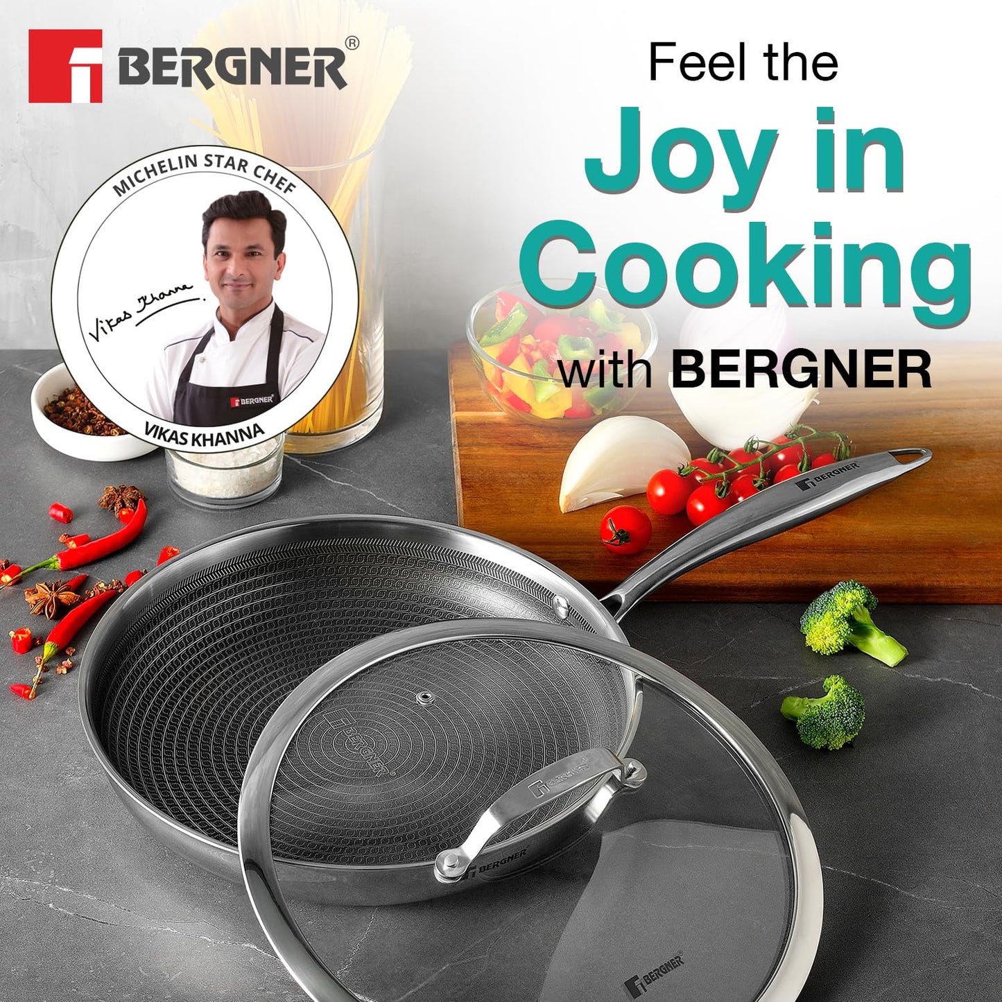 Bergner Hitech Triply Non-Stick Frypan with Glass Lid, Frying Pan with Non-Stick Mesh Pattern Inside, Rivetless Handles, Metal Spatula Friendly, Induction Bottom and Gas Stove Ready