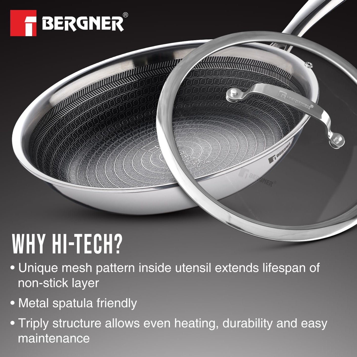 Bergner Hitech Triply Non-Stick Frypan with Glass Lid, Frying Pan with Non-Stick Mesh Pattern Inside, Rivetless Handles, Metal Spatula Friendly, Induction Bottom and Gas Stove Ready