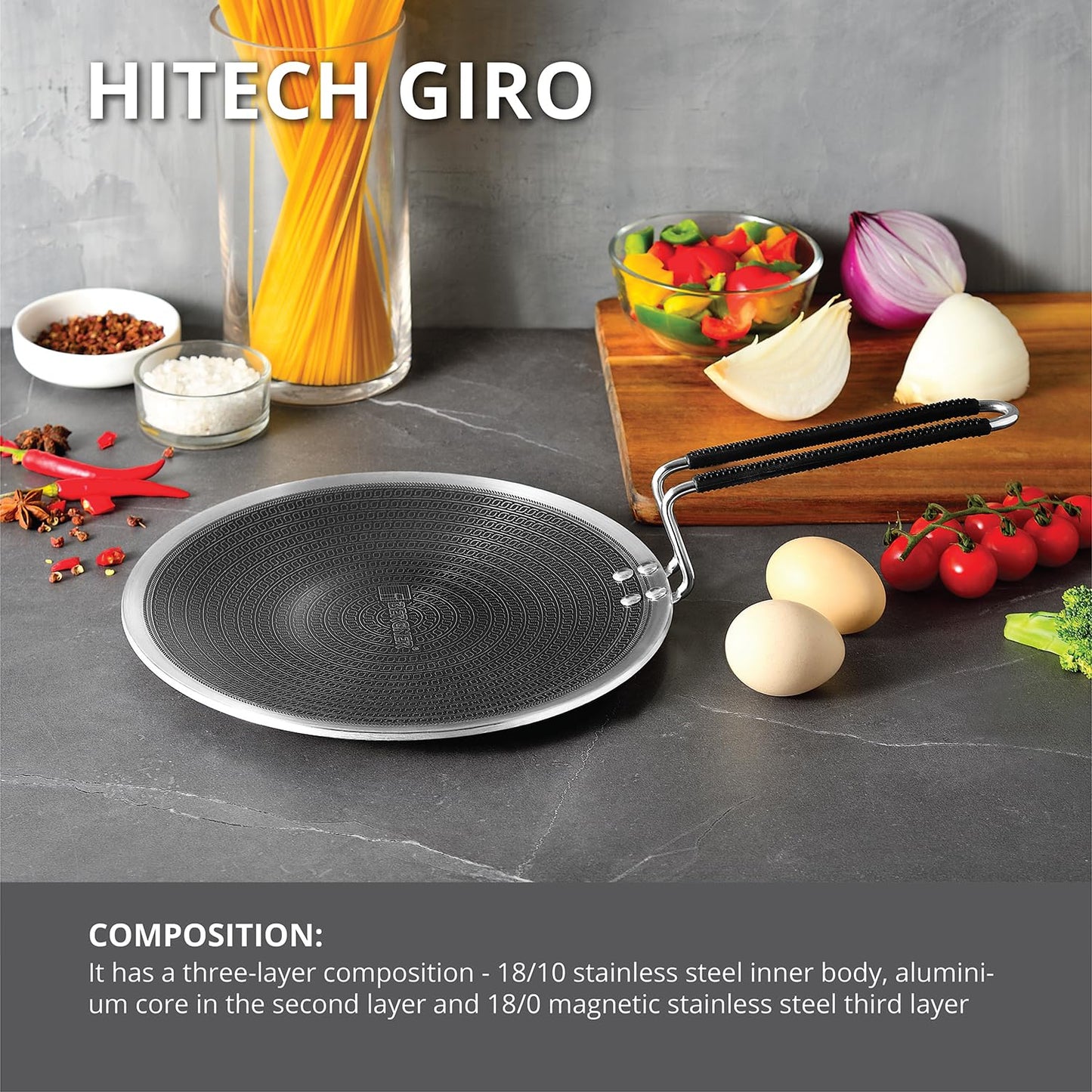 Bergner Hitech Triply Non-Stick Roti Tawa, Tawa for Roti/Phulka/Chapati/Poli with Non-Stick Mesh Pattern, Metal Spatula Friendly, Even Heat Distribution, Induction Bottom and Gas Stove Ready