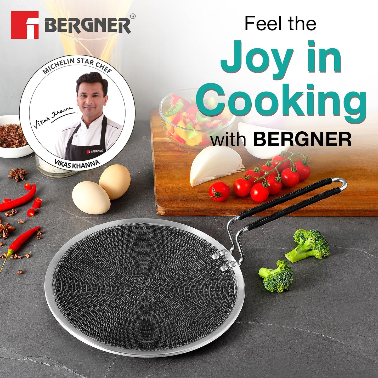 Bergner Hitech Triply Non-Stick Roti Tawa, Tawa for Roti/Phulka/Chapati/Poli with Non-Stick Mesh Pattern, Metal Spatula Friendly, Even Heat Distribution, Induction Bottom and Gas Stove Ready