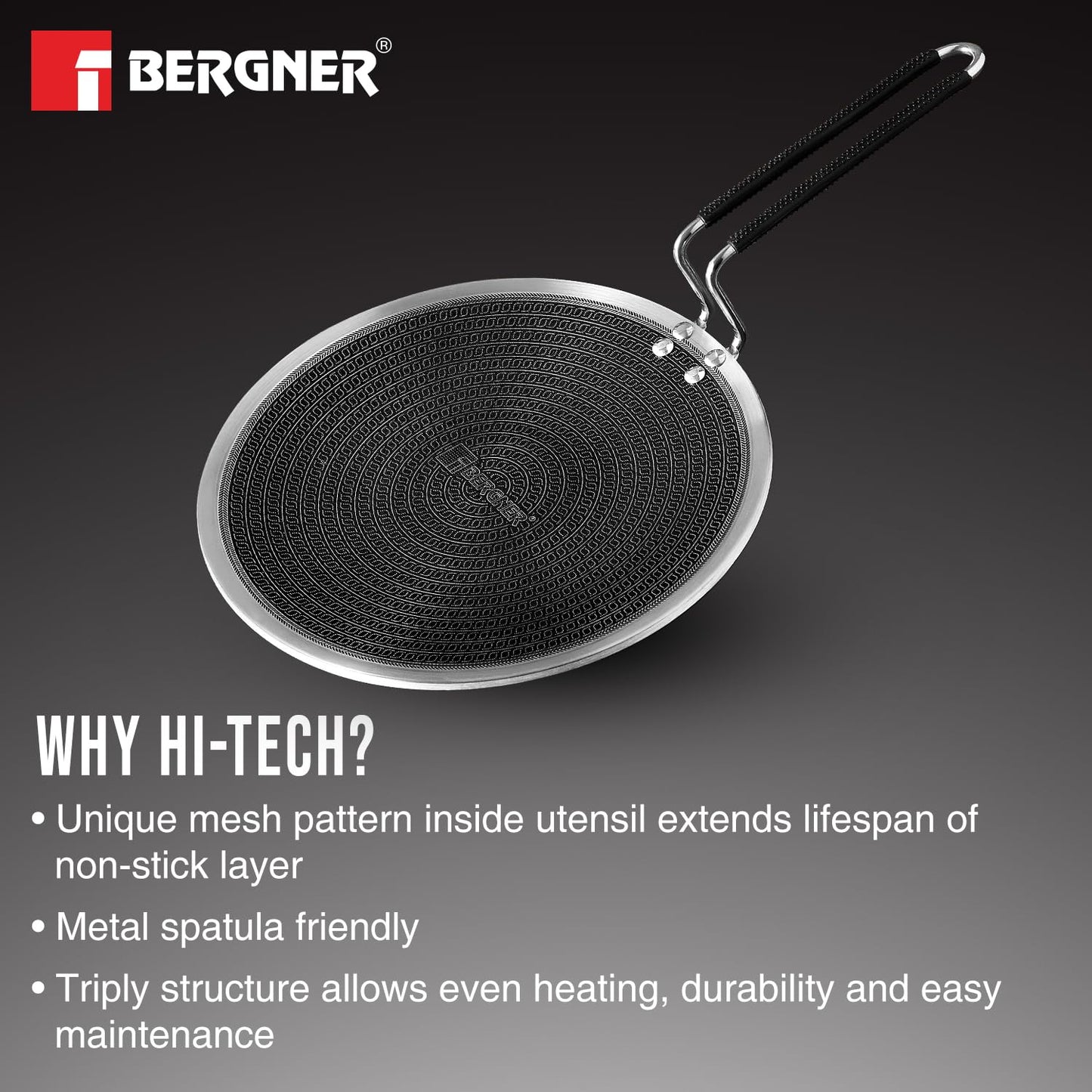 Bergner Hitech Triply Non-Stick Roti Tawa, Tawa for Roti/Phulka/Chapati/Poli with Non-Stick Mesh Pattern, Metal Spatula Friendly, Even Heat Distribution, Induction Bottom and Gas Stove Ready