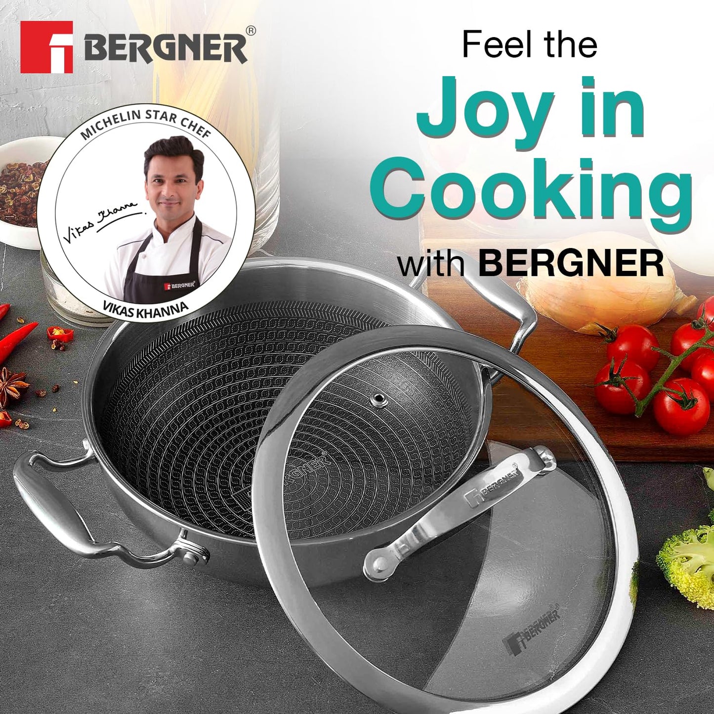 Bergner Hitech Triply Non-Stick Kadai with Flat Glass Lid, Kadhai with Non-Stick Mesh Pattern Inside, Metal Spatula Friendly, Even Heat Distribution, Induction Bottom and Gas Stove Ready