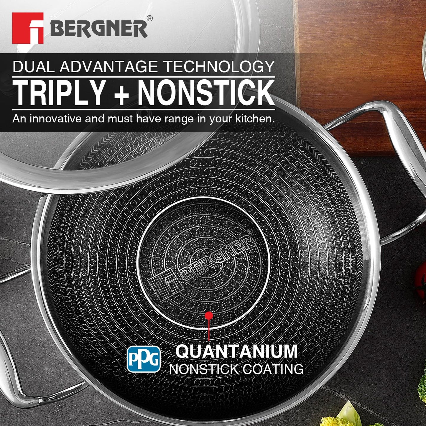 Bergner Hitech Triply Non-Stick Kadai with Flat Glass Lid, Kadhai with Non-Stick Mesh Pattern Inside, Metal Spatula Friendly, Even Heat Distribution, Induction Bottom and Gas Stove Ready