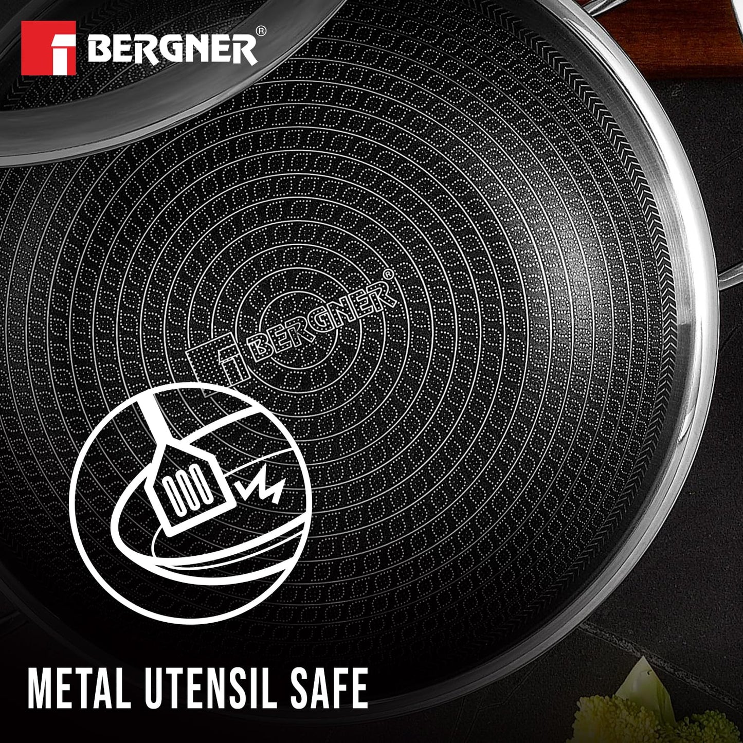 Bergner Hitech Triply Non-Stick Kadai with Flat Glass Lid, Kadhai with Non-Stick Mesh Pattern Inside, Metal Spatula Friendly, Even Heat Distribution, Induction Bottom and Gas Stove Ready