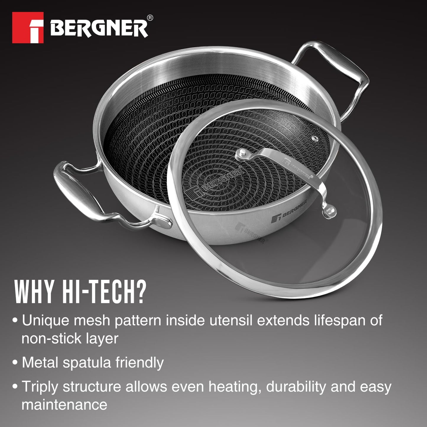 Bergner Hitech Triply Non-Stick Kadai with Flat Glass Lid, Kadhai with Non-Stick Mesh Pattern Inside, Metal Spatula Friendly, Even Heat Distribution, Induction Bottom and Gas Stove Ready