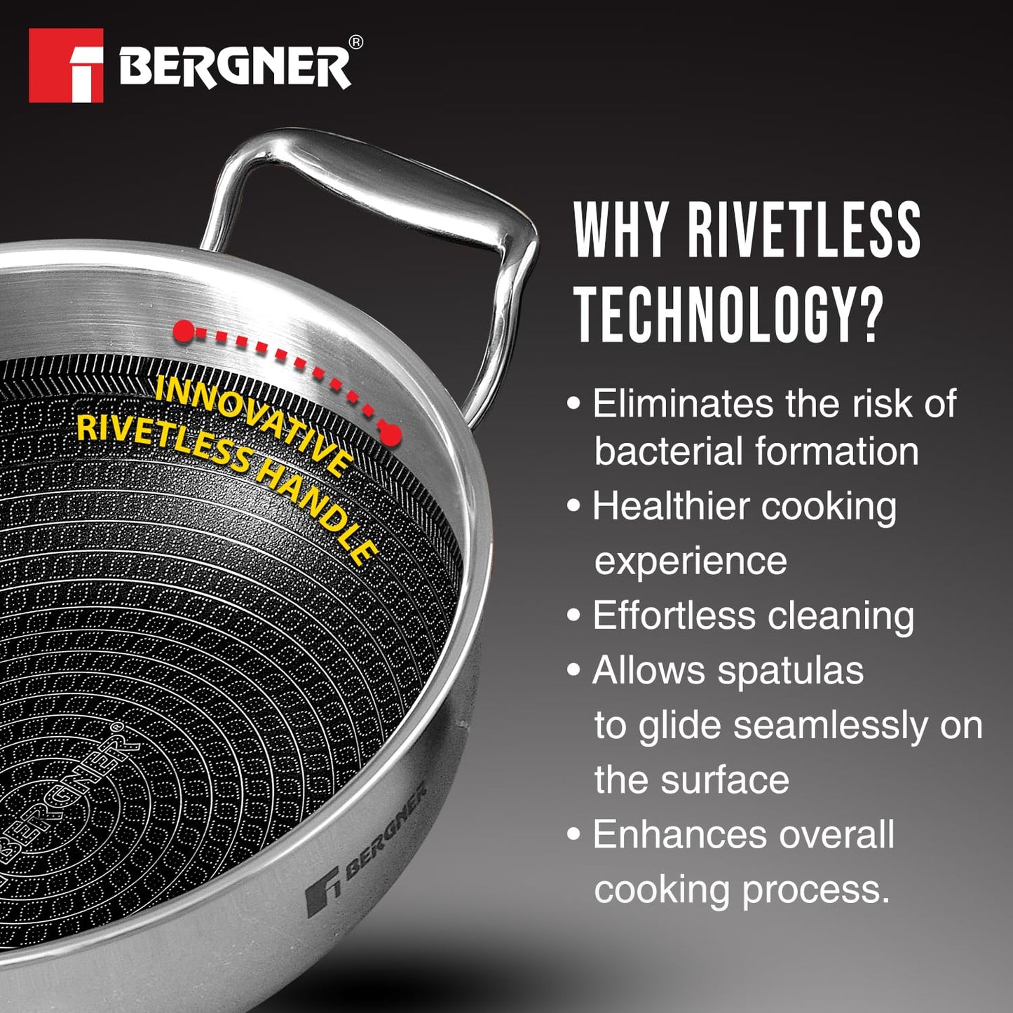 Bergner Hitech Triply Non-Stick Kadai with Flat Glass Lid, Kadhai with Non-Stick Mesh Pattern Inside, Metal Spatula Friendly, Even Heat Distribution, Induction Bottom and Gas Stove Ready