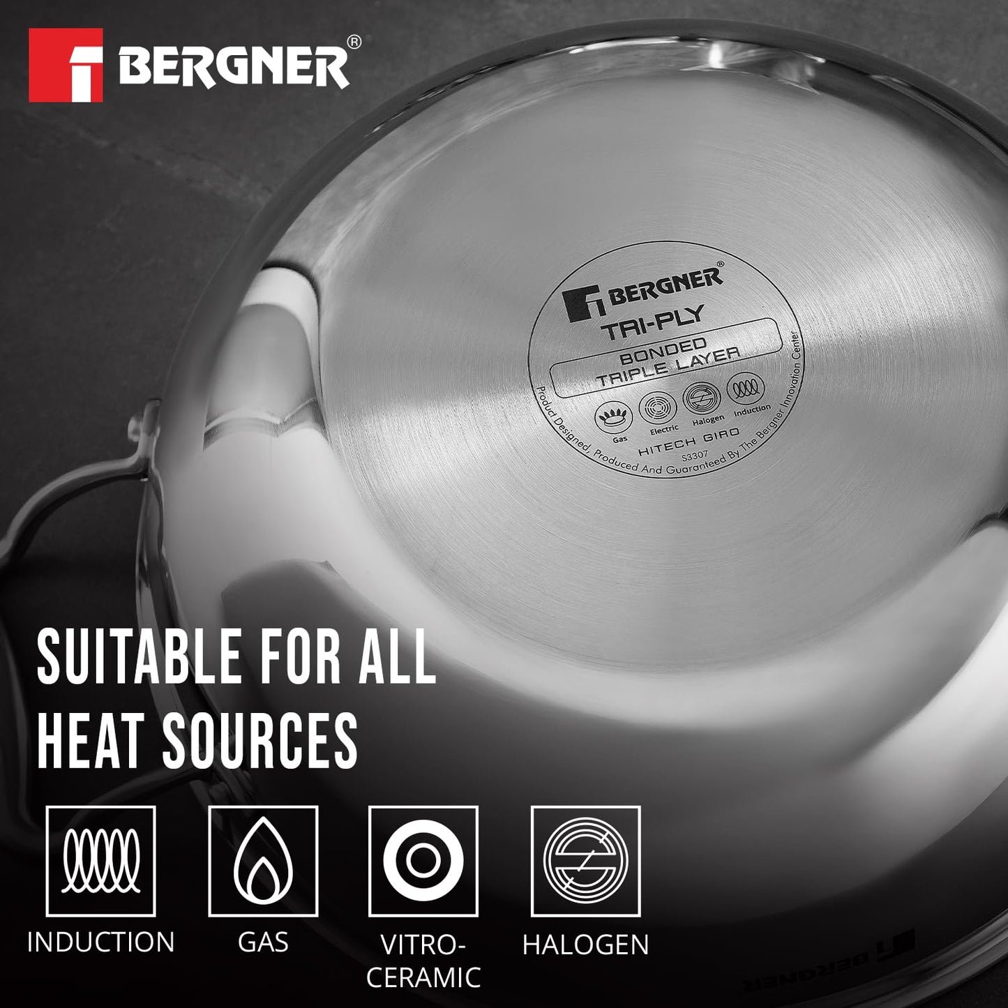 Bergner Hitech Triply Non-Stick Kadai with Flat Glass Lid, Kadhai with Non-Stick Mesh Pattern Inside, Metal Spatula Friendly, Even Heat Distribution, Induction Bottom and Gas Stove Ready