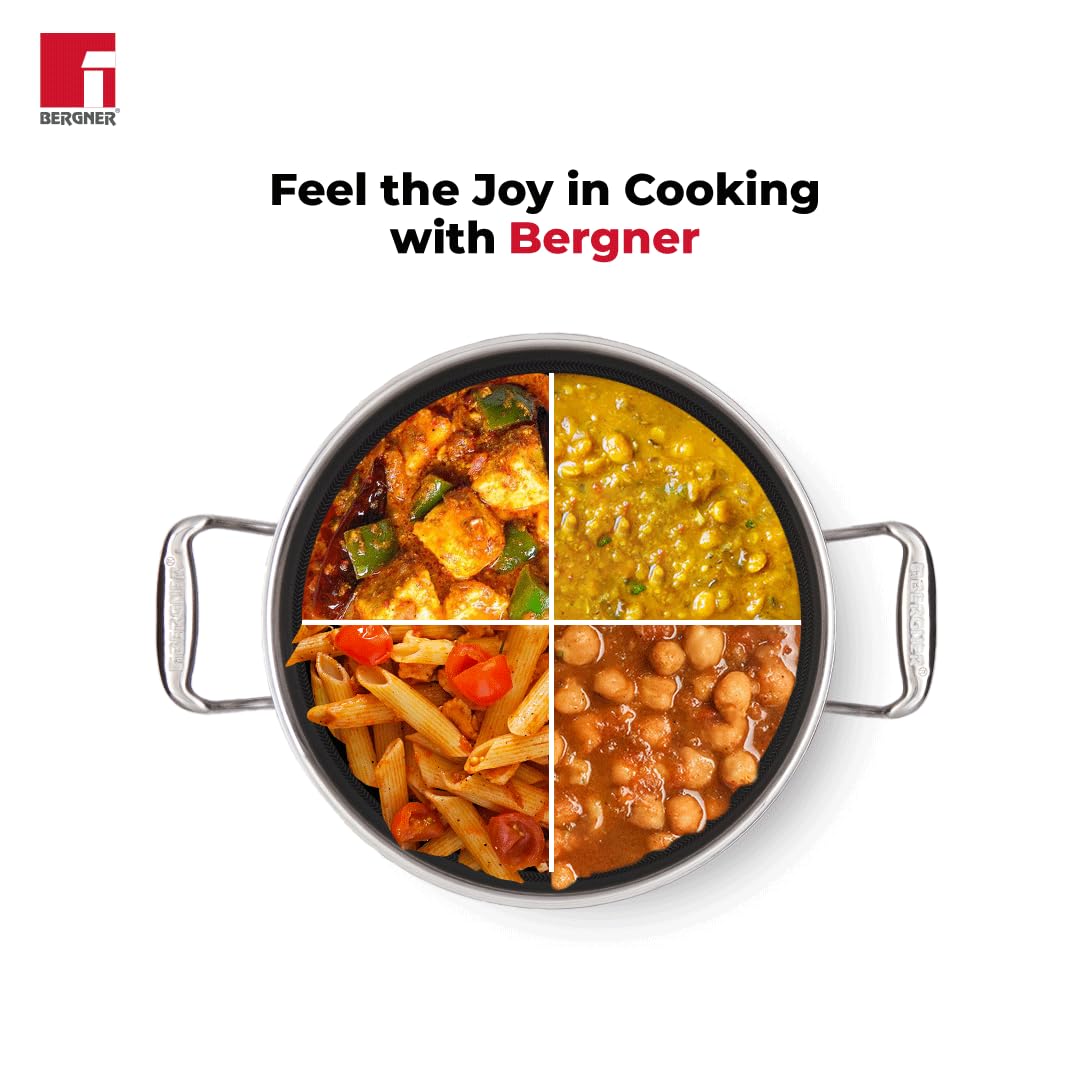 Bergner Hitech Triply Non-Stick Kadai with Flat Glass Lid, Kadhai with Non-Stick Mesh Pattern Inside, Metal Spatula Friendly, Even Heat Distribution, Induction Bottom and Gas Stove Ready