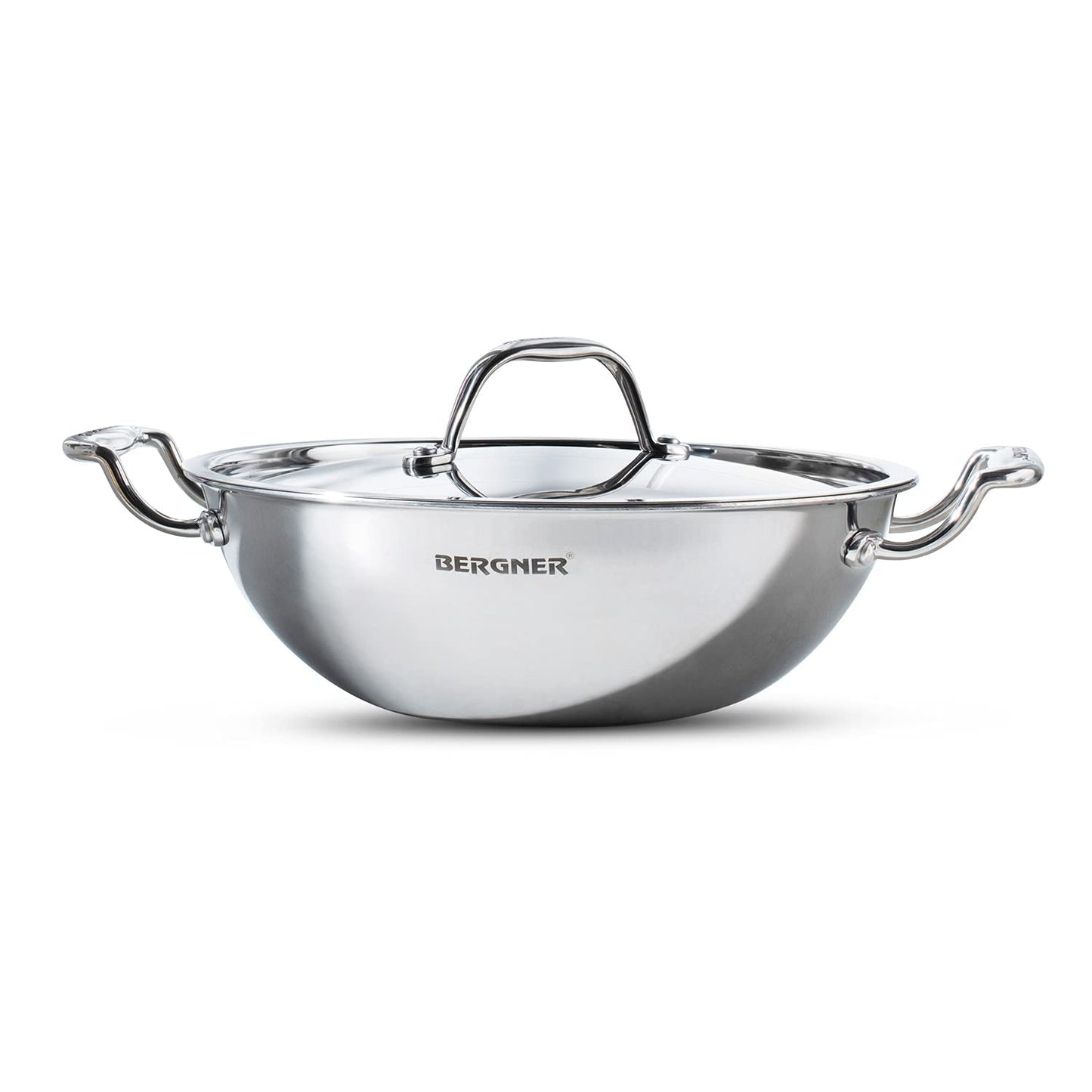 Bergner Argent TriPly Stainless Steel Kadai with Stainless Steel Lid, Kadhai with Lid, Food Safe, Stay Cool Cast Handles, Dishwasher Safe -Induction Bottom and Gas Stove Read