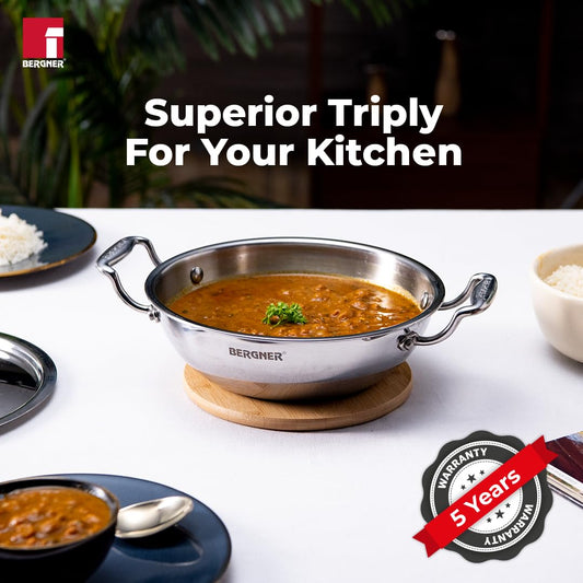 Bergner Argent TriPly Stainless Steel Kadai with Stainless Steel Lid, Kadhai with Lid, Food Safe, Stay Cool Cast Handles, Dishwasher Safe -Induction Bottom and Gas Stove Read
