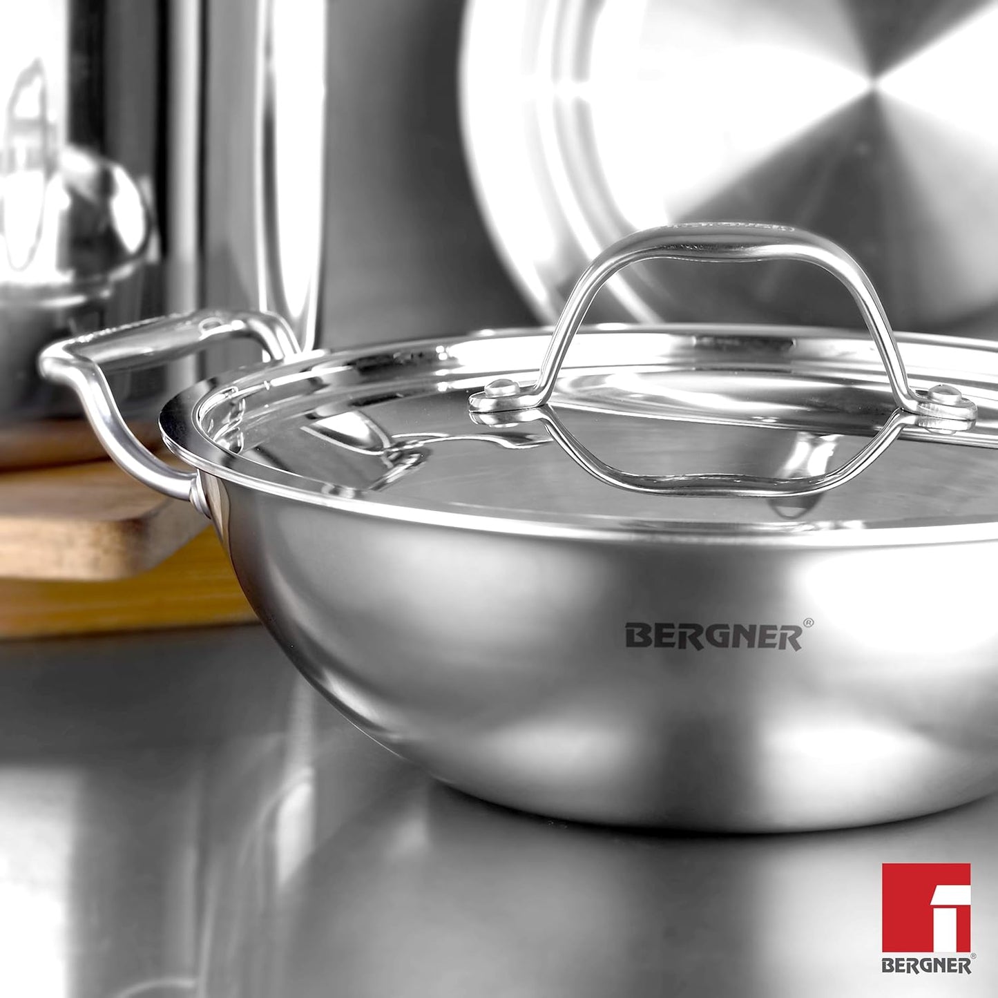 Bergner Argent TriPly Stainless Steel Kadai with Stainless Steel Lid, Kadhai with Lid, Food Safe, Stay Cool Cast Handles, Dishwasher Safe -Induction Bottom and Gas Stove Read