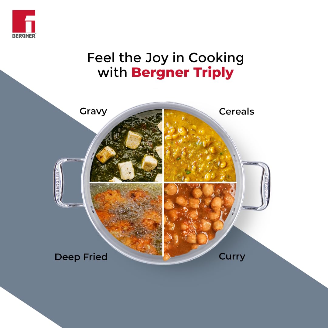 Bergner Argent TriPly Stainless Steel Kadai with Stainless Steel Lid, Kadhai with Lid, Food Safe, Stay Cool Cast Handles, Dishwasher Safe -Induction Bottom and Gas Stove Read