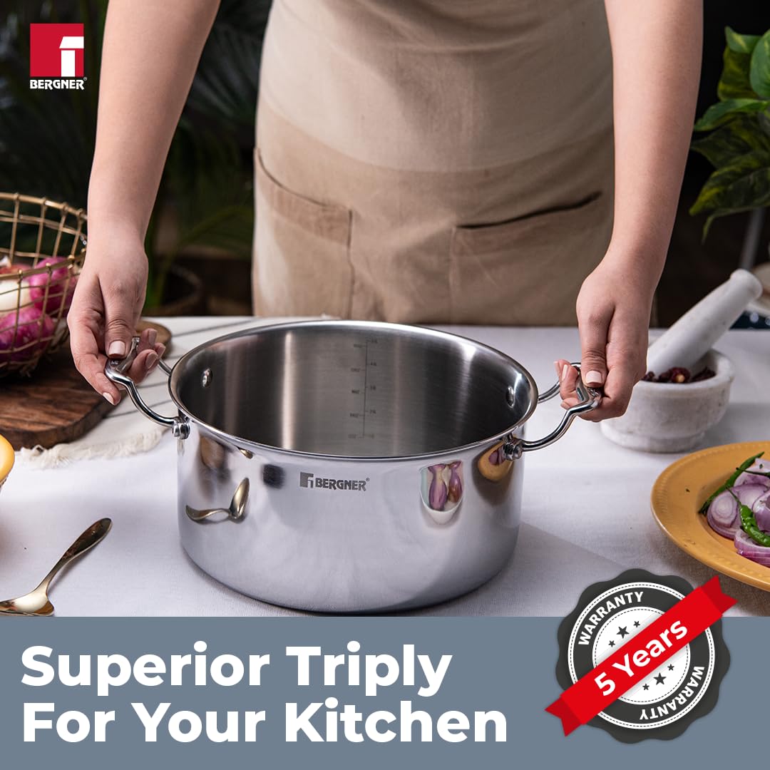 Bergner Argent TriPly Stainless Steel Casserole with Stainless Steel Lid, Stay Cool Cast Handle, Food Safe, Durable, Dishwasher Safe, Induction and Gas Ready,
