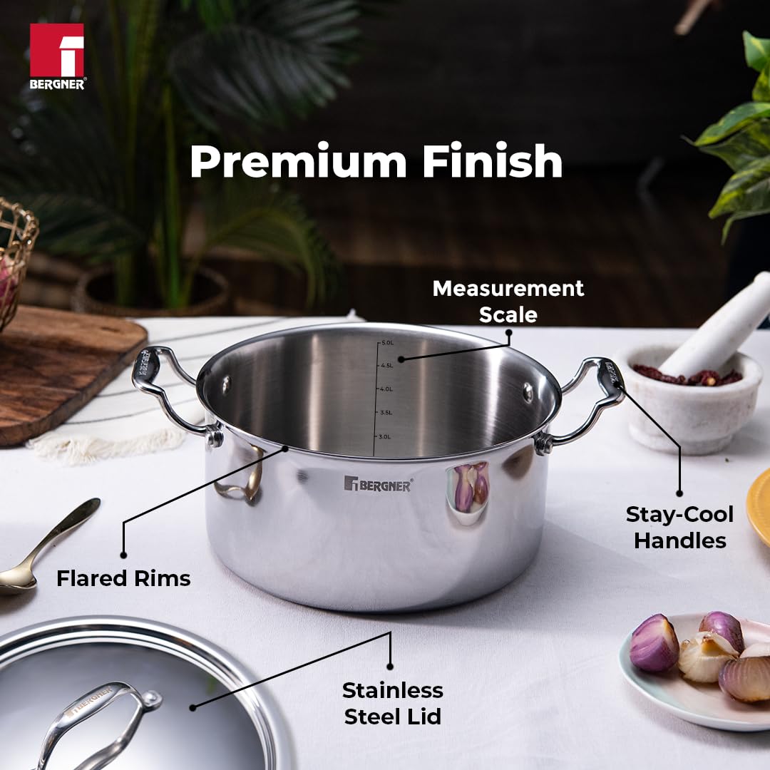 Bergner Argent TriPly Stainless Steel Casserole with Stainless Steel Lid, Stay Cool Cast Handle, Food Safe, Durable, Dishwasher Safe, Induction and Gas Ready,
