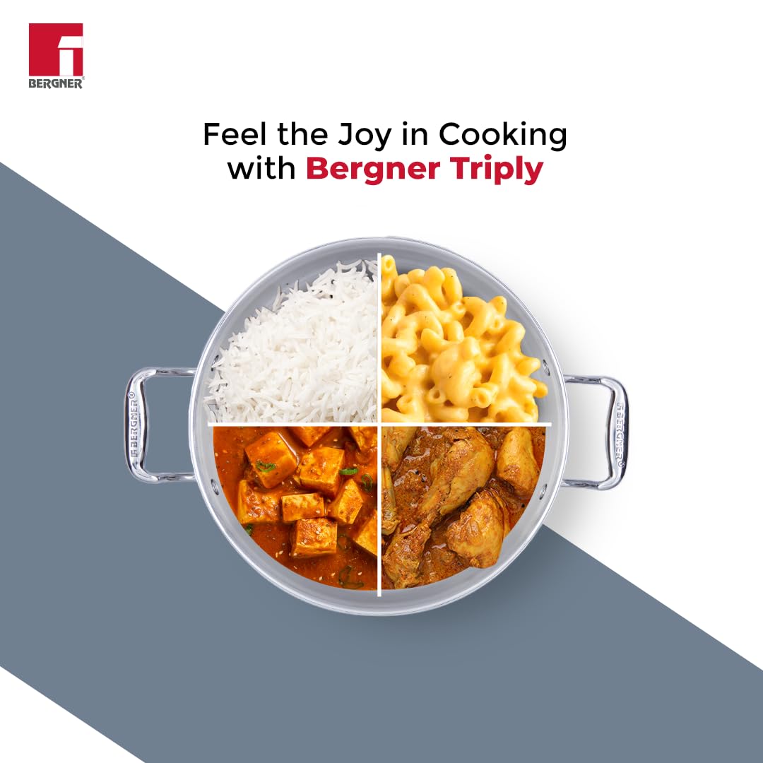 Bergner Argent TriPly Stainless Steel Casserole with Stainless Steel Lid, Stay Cool Cast Handle, Food Safe, Durable, Dishwasher Safe, Induction and Gas Ready,