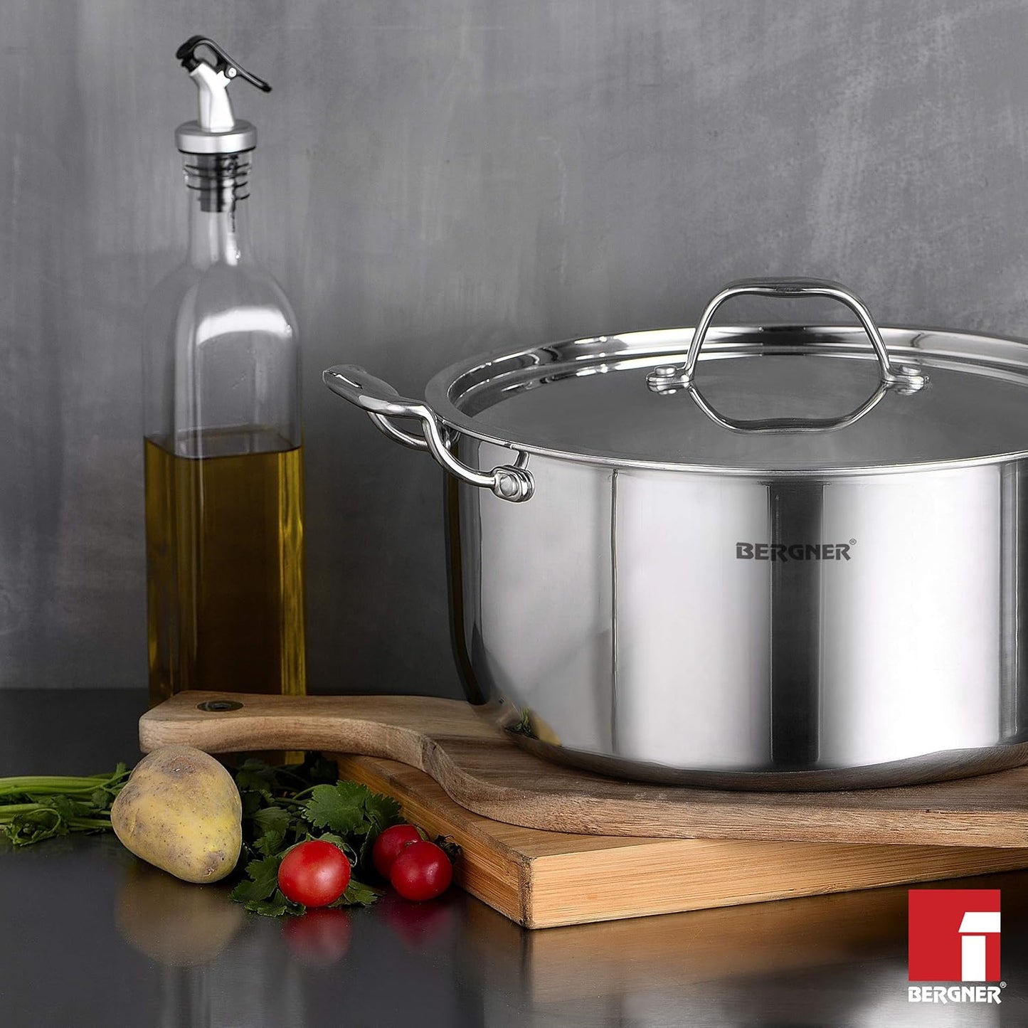 Bergner Argent TriPly Stainless Steel Casserole with Stainless Steel Lid, Stay Cool Cast Handle, Food Safe, Durable, Dishwasher Safe, Induction and Gas Ready,