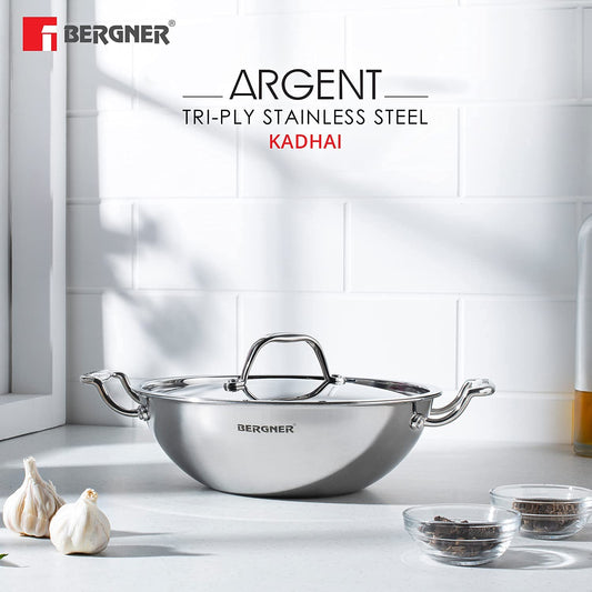 BERGNER Argent TriPly Stainless Steel Deep Kadai with Stainless Steel Lid, Deep Kadhai, Food Safe, Stay Cool Cast Handles, Less Oil Use, Dishwasher Safe, Induction Bottom and Gas Ready
