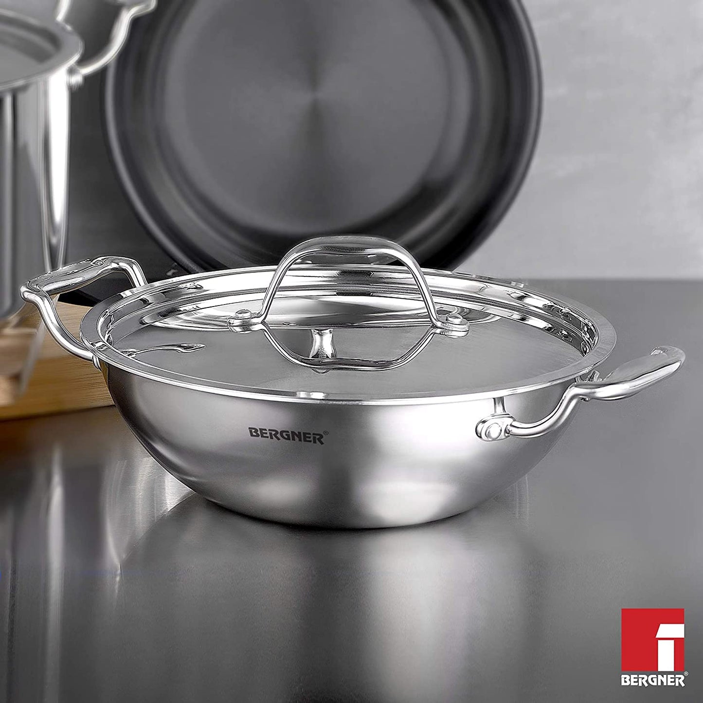 BERGNER Argent TriPly Stainless Steel Deep Kadai with Stainless Steel Lid, Deep Kadhai, Food Safe, Stay Cool Cast Handles, Less Oil Use, Dishwasher Safe, Induction Bottom and Gas Ready